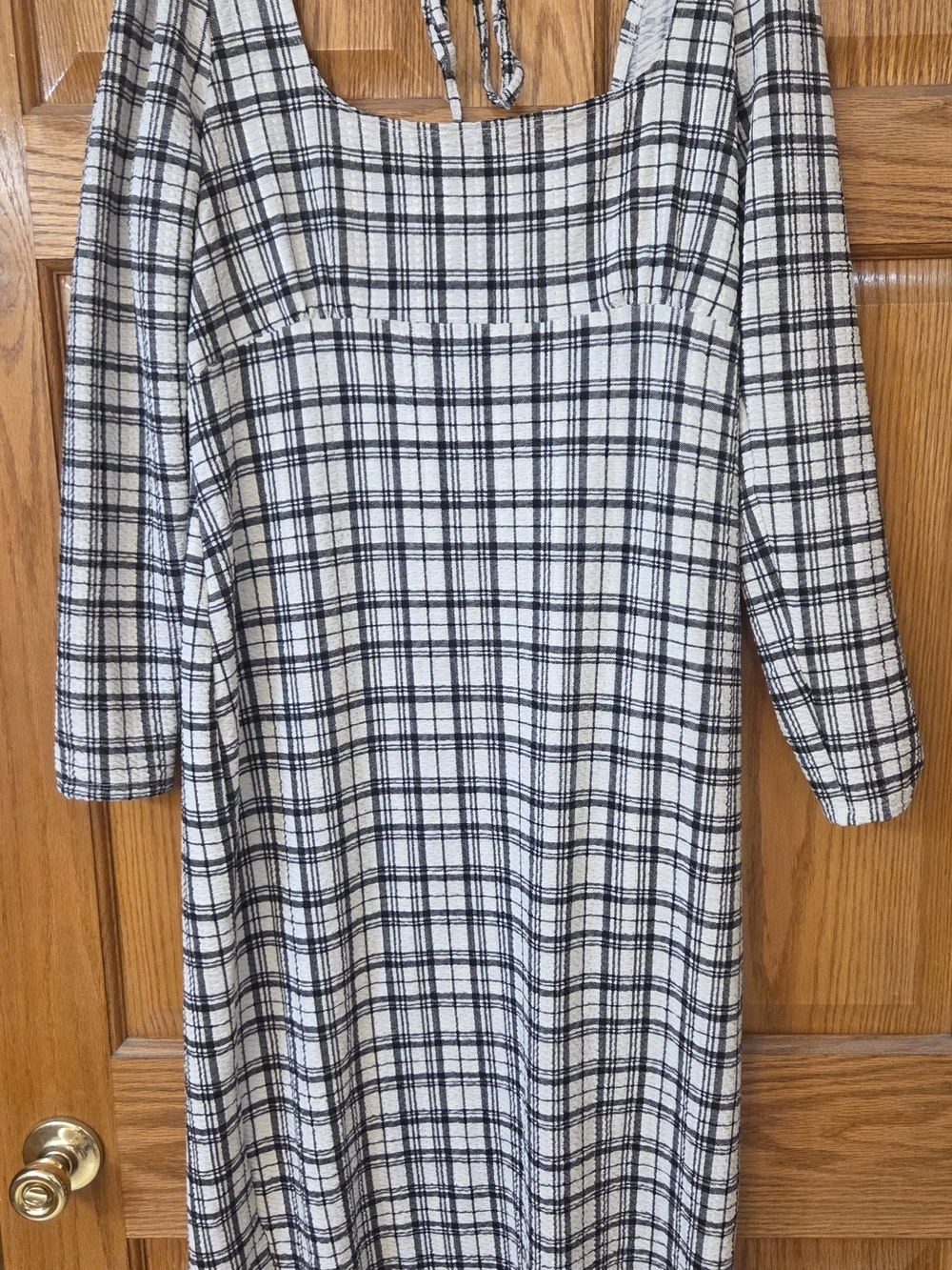 Square Neck Black & White Plaid Midi Dress